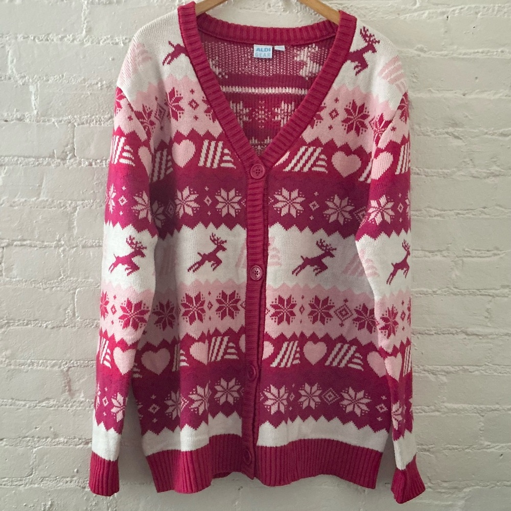 Vintage Y2K Cardigan Knit Sweater Button Up Red Pink Printed Heart Deer Novelty